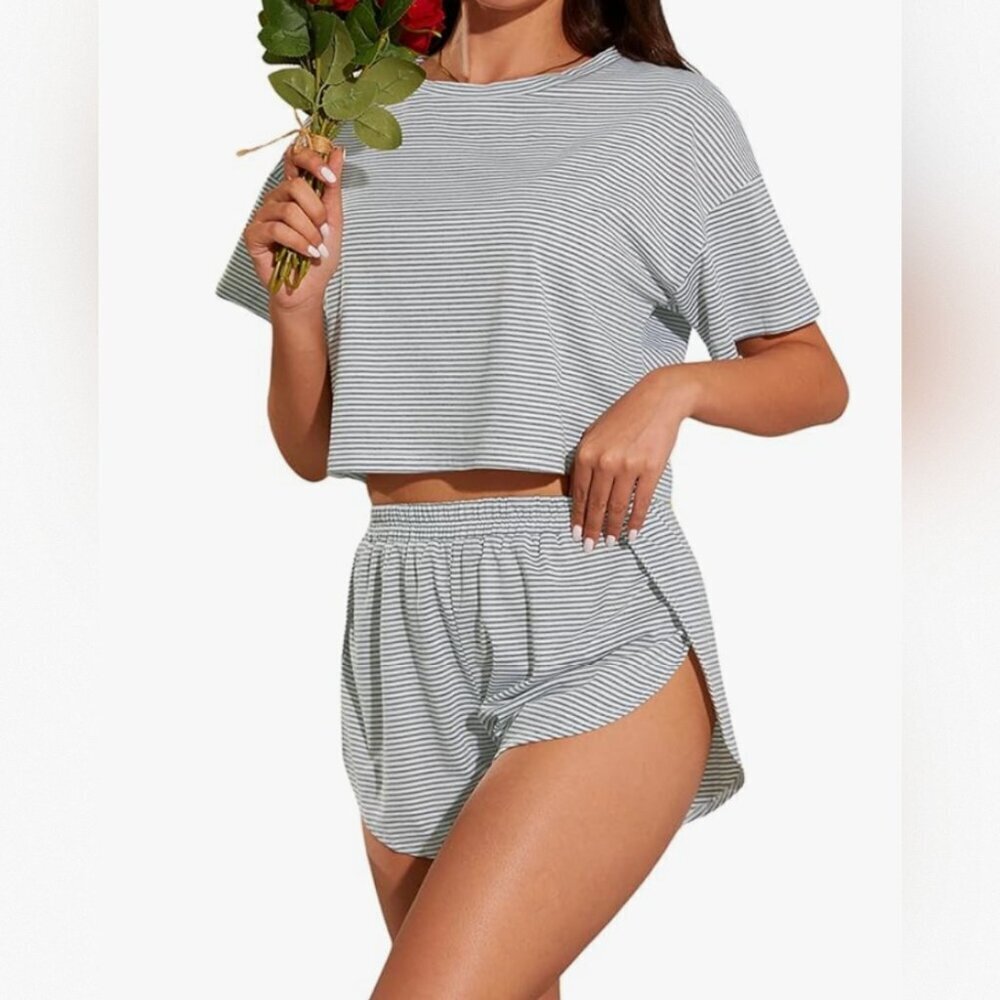 Women's Two Piece Pajama Set Striped Print Short Sleeve Tee and Side Split Short